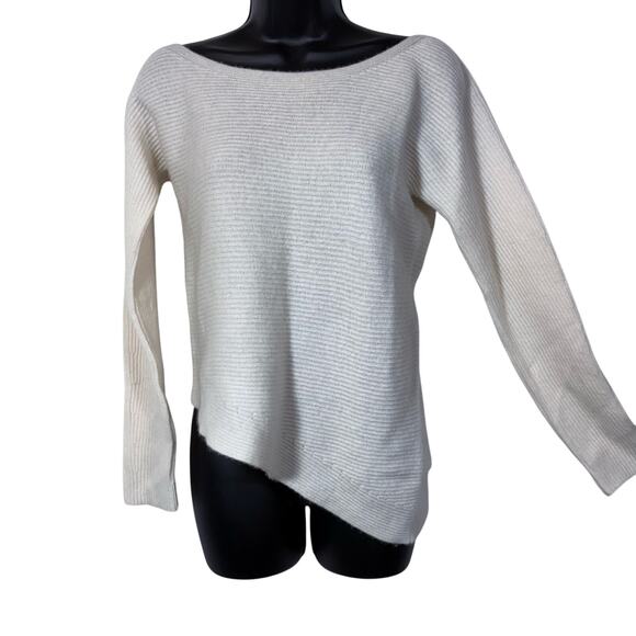 White Cashmere Sweater Ivory Raffi Asymmetrical Ribbed Preppy Neutral Small - Picture 1 of 11